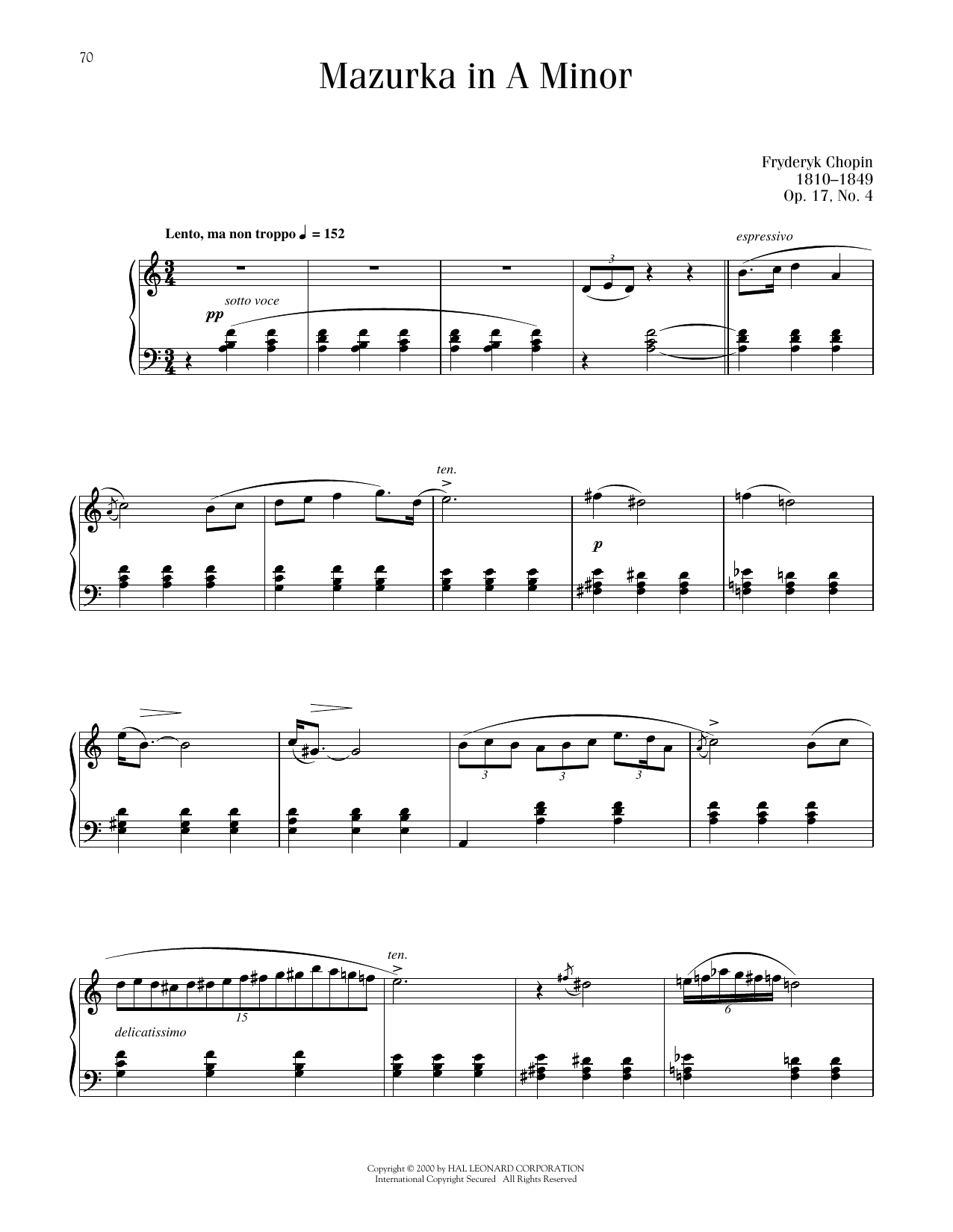 Frederic Chopin Mazurka In A Minor, KK IIb, No. 4 sheet music notes printable PDF score