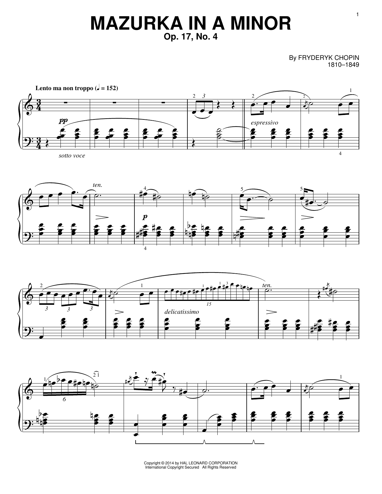Download Frederic Chopin Mazurka In A Minor, Op. 17, No. 4 Sheet Music