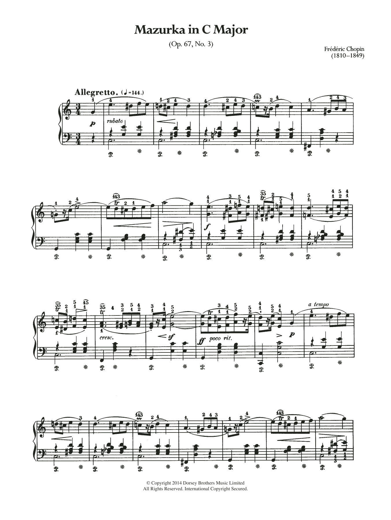Download Frederic Chopin Mazurka In C Major, Op.67 No.3 Sheet Music