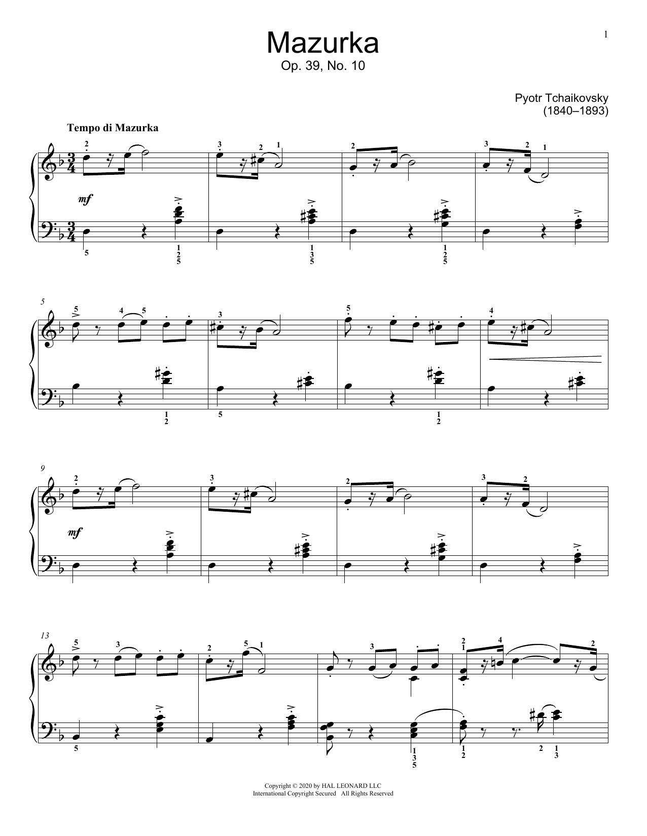 Download Pyotr Il'yich Tchaikovsky Mazurka In D Minor, Op. 39, No. 10 Sheet Music