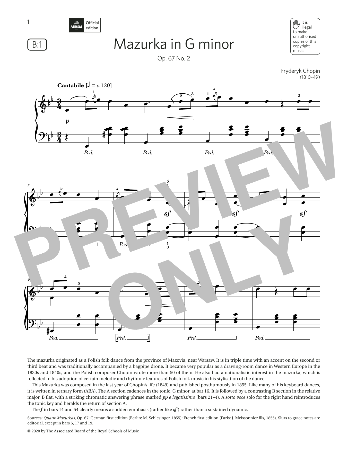 Download Fryderyk Chopin Mazurka in G minor (Grade 6, list B1, f Sheet Music