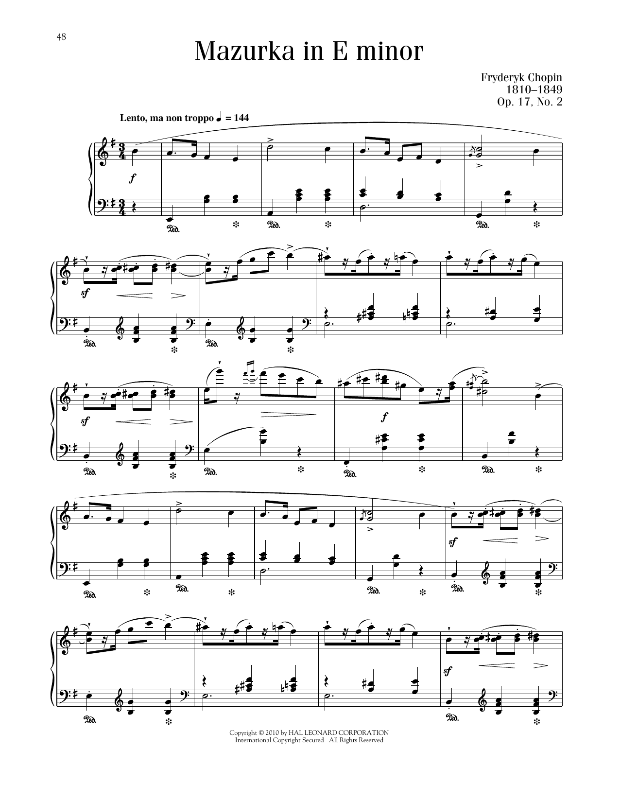Frederic Chopin Mazurka, Op. 17, No. 2 sheet music notes printable PDF score