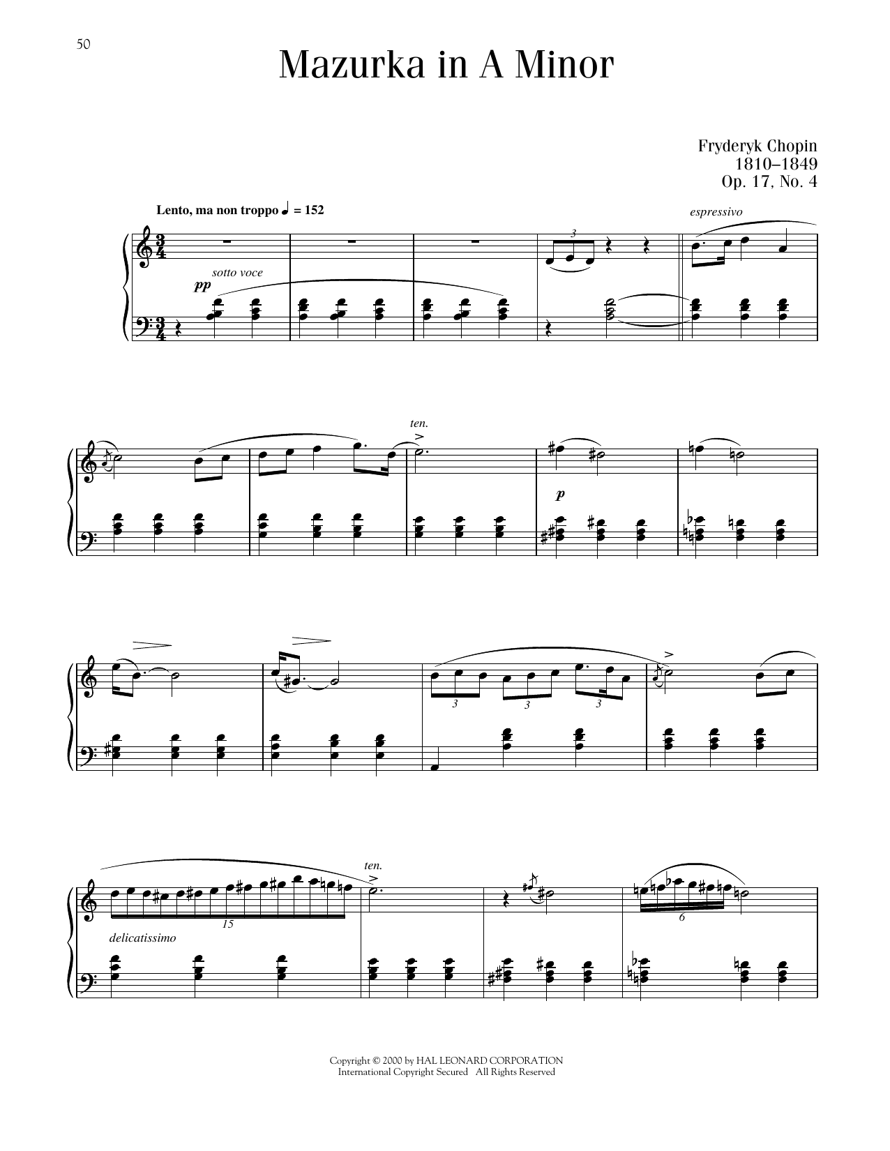 Frederic Chopin Mazurka, Op. 17, No. 4 sheet music notes printable PDF score
