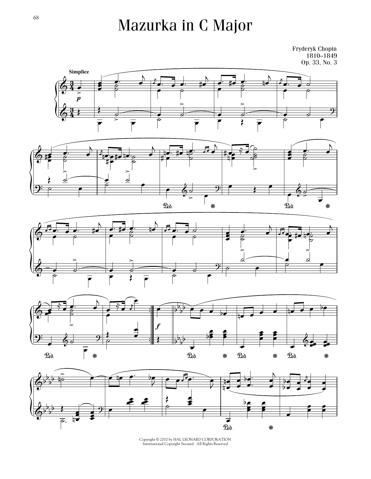 Frédéric Chopin Mazurka, Op. 33, No. 3 sheet music notes printable PDF score