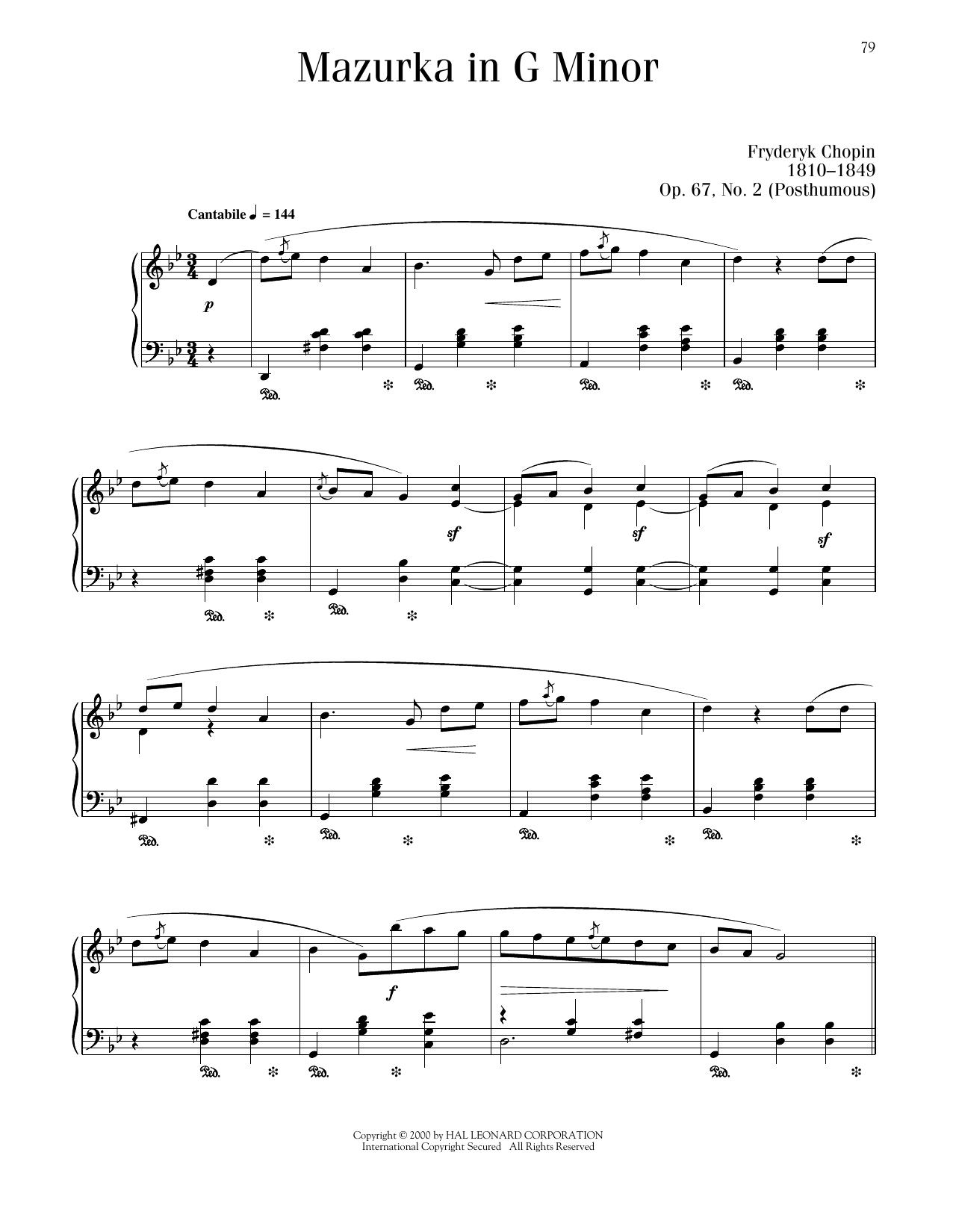 Frederic Chopin Mazurka, Op. 67, No. 2 sheet music notes printable PDF score