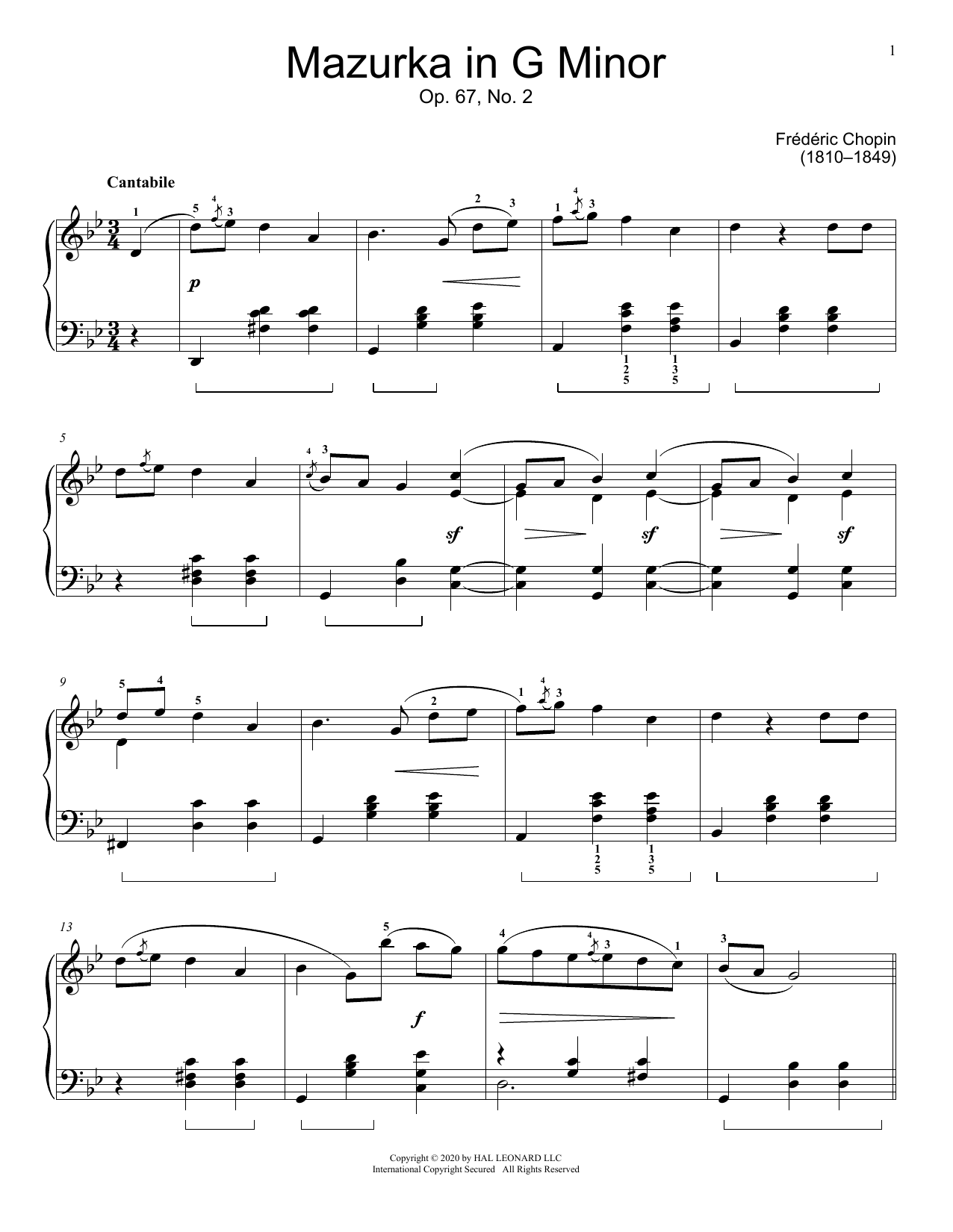 Download Frederic Chopin Mazurka, Op. 67, No. 2 Sheet Music