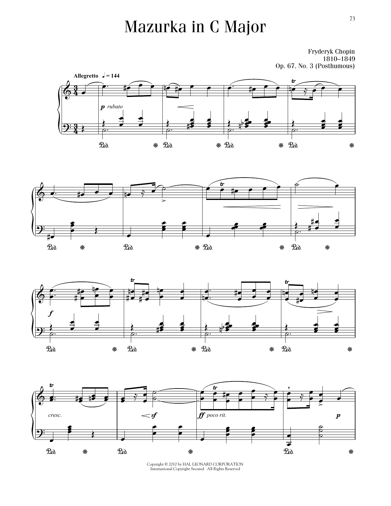 Frédéric Chopin Mazurka, Op. 67, No. 3 sheet music notes printable PDF score