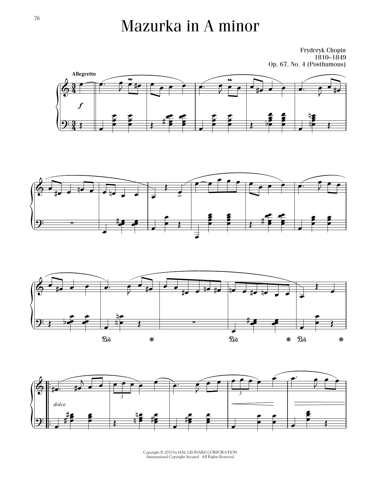 Frédéric Chopin Mazurka, Op. 67, No. 4 sheet music notes printable PDF score