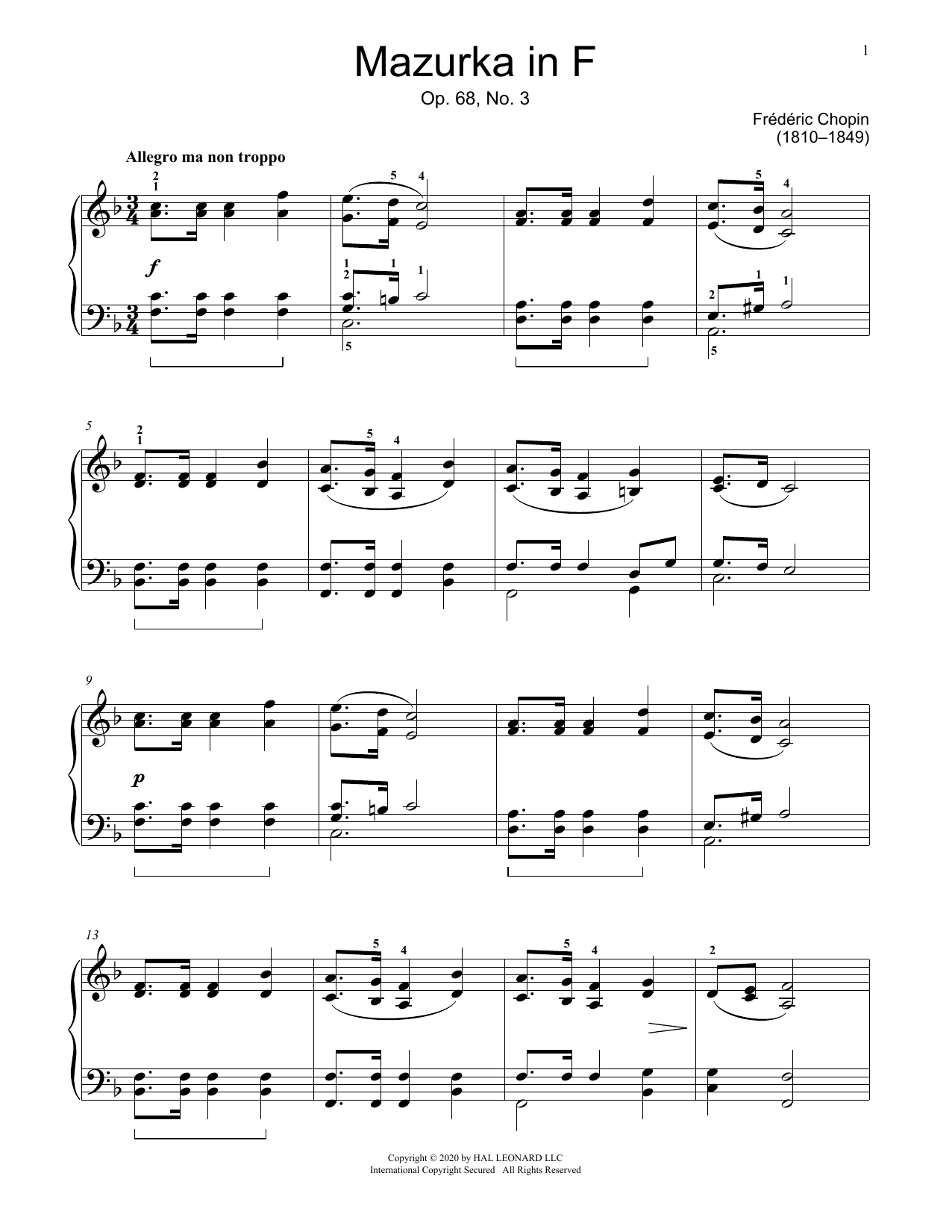 Download Frederic Chopin Mazurka, Op. 68, No. 3 Sheet Music