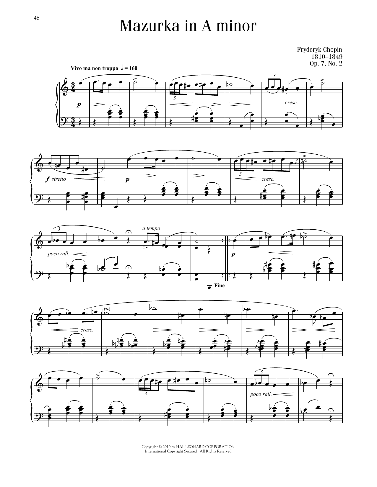 Frédéric Chopin Mazurka, Op. 7, No. 2 sheet music notes printable PDF score