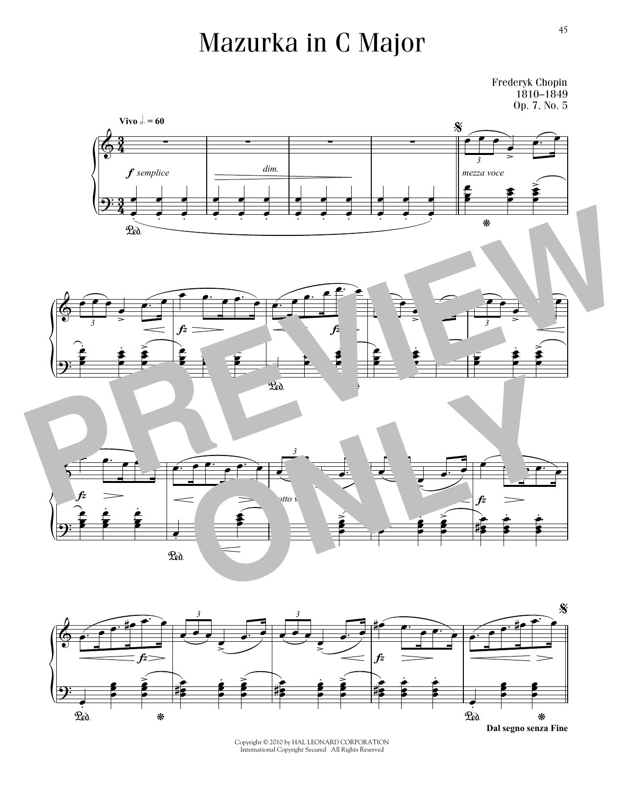 Frédéric Chopin Mazurka, Op. 7, No. 5 sheet music notes printable PDF score