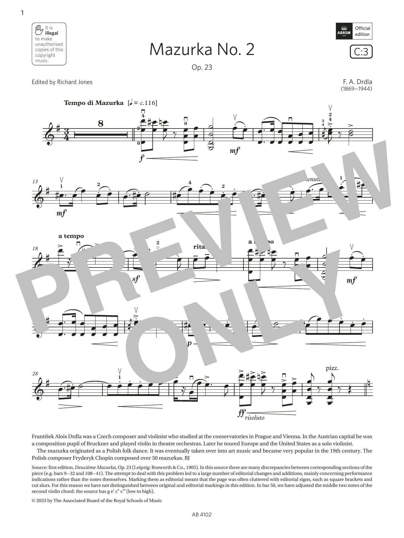 F. A. Drdla Mazurka No. 2 (Grade 8, C3, from the ABRSM Violin Syllabus from 2024) sheet music notes printable PDF score