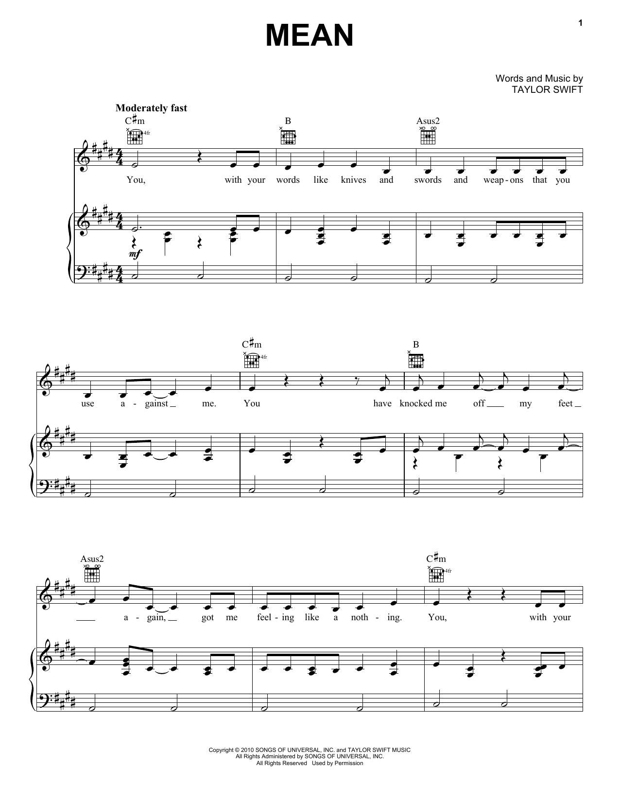 Download Taylor Swift Mean Sheet Music