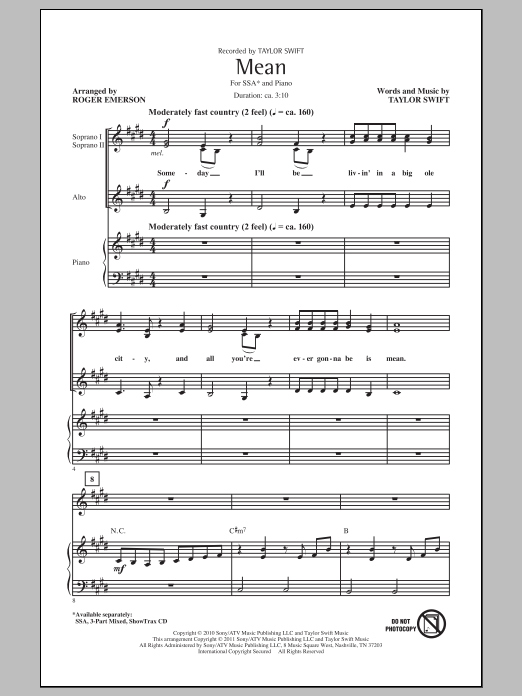 Download Taylor Swift Mean (arr. Roger Emerson) Sheet Music