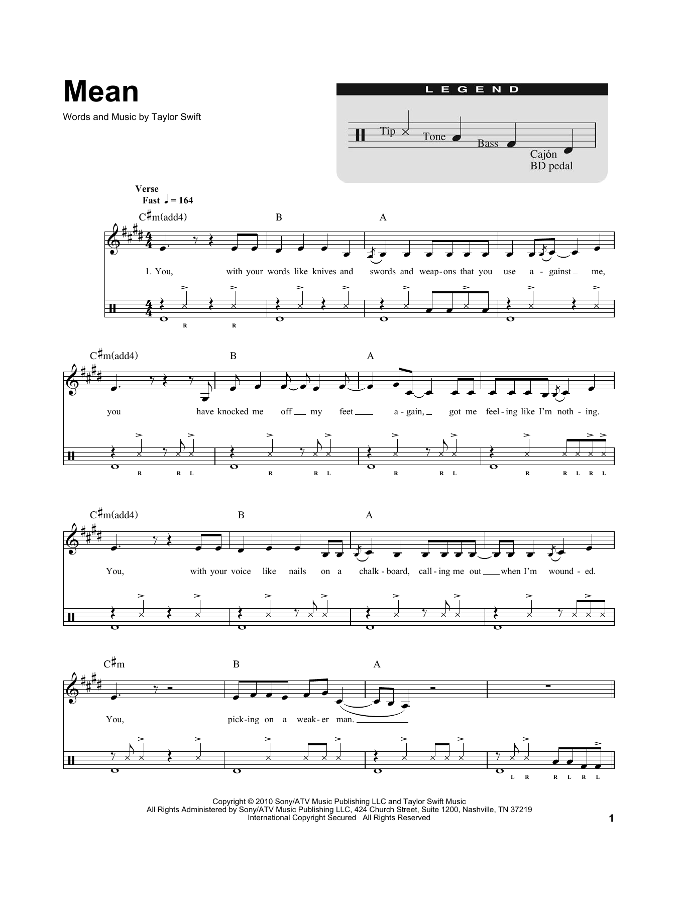 Download Taylor Swift Mean Sheet Music