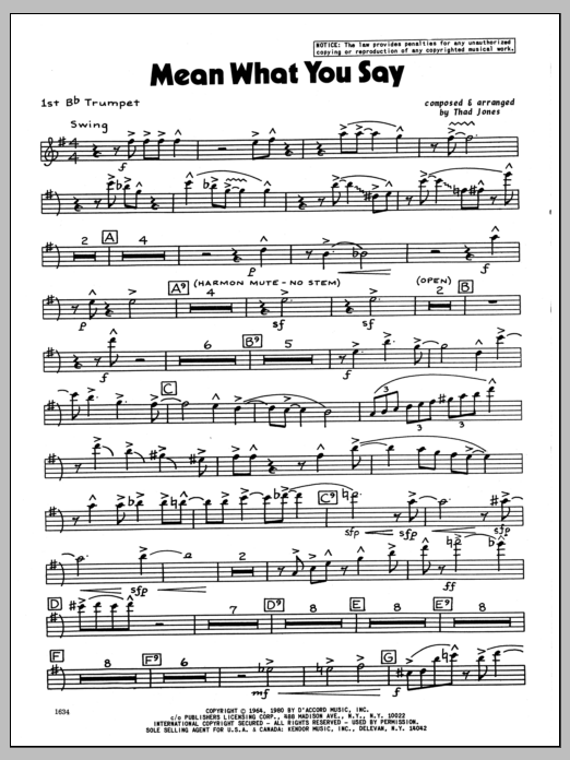 Download Thad Jones Mean What You Say - 1st Bb Trumpet Sheet Music