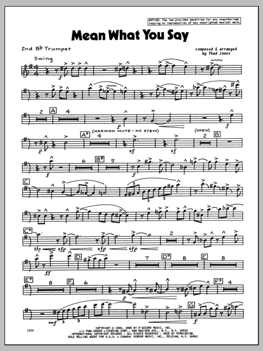 Download Thad Jones Mean What You Say - 2nd Bb Trumpet Sheet Music