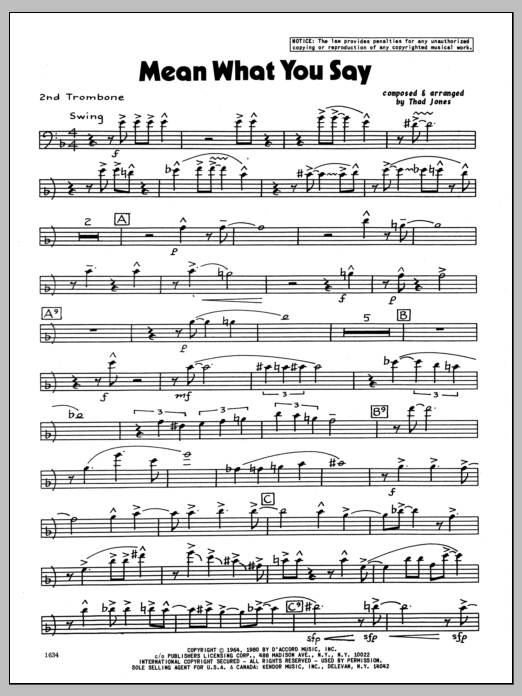 Download Thad Jones Mean What You Say - 2nd Trombone Sheet Music