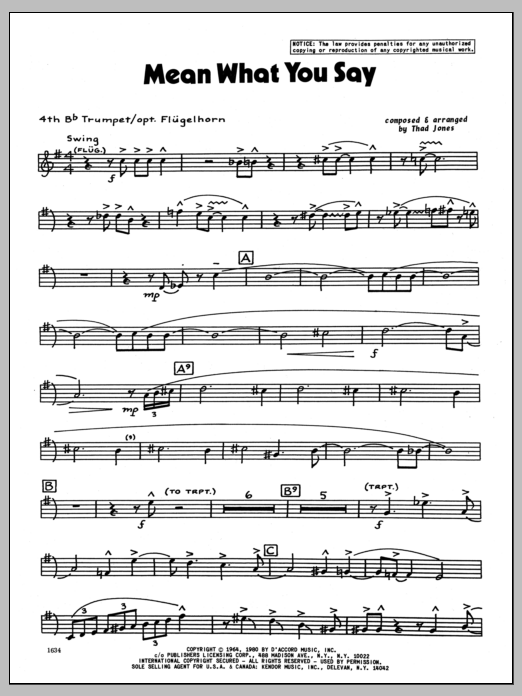 Download Thad Jones Mean What You Say - 4th Bb Trumpet Sheet Music