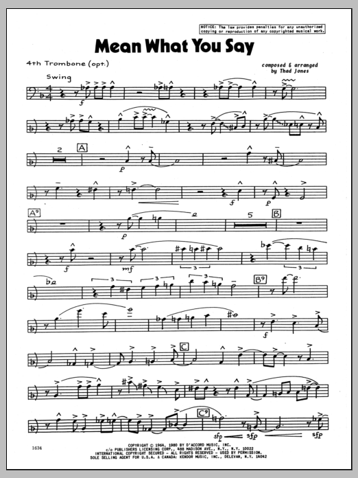 Download Thad Jones Mean What You Say - 4th Trombone Sheet Music