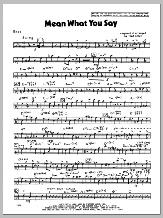 Download Thad Jones Mean What You Say - Bass Sheet Music