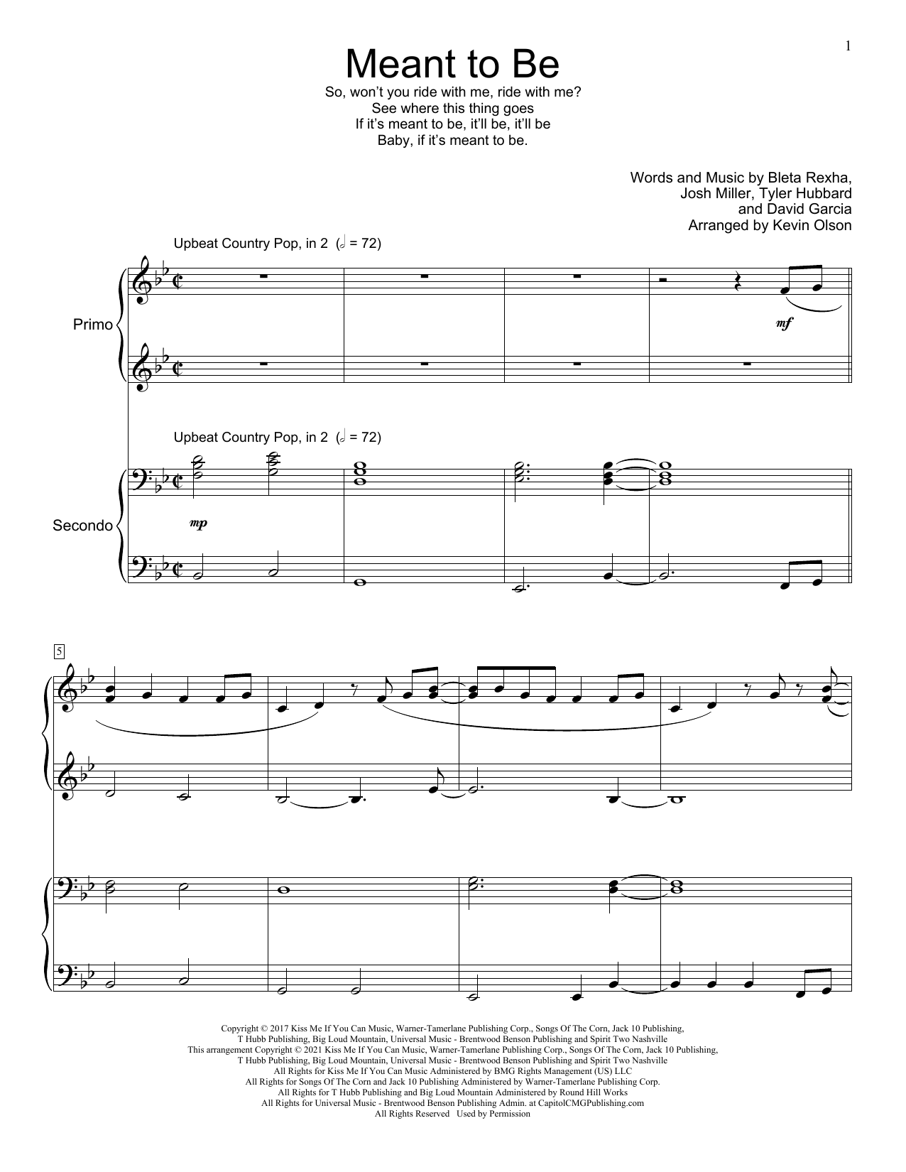 Download Bebe Rexha Meant To Be (feat. Florida Georgia Line Sheet Music