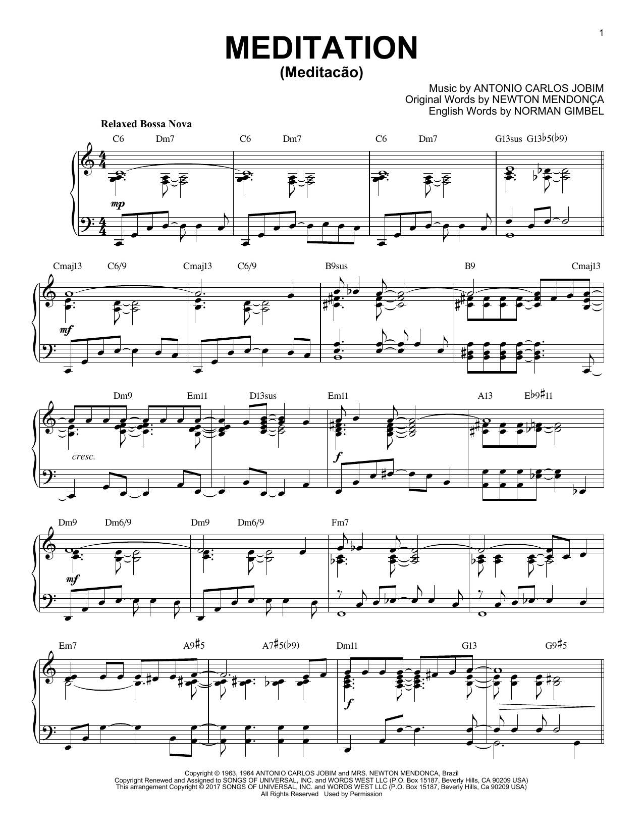 Download Antonio Carlos Jobim Meditation (Meditacao) [Jazz version] Sheet Music