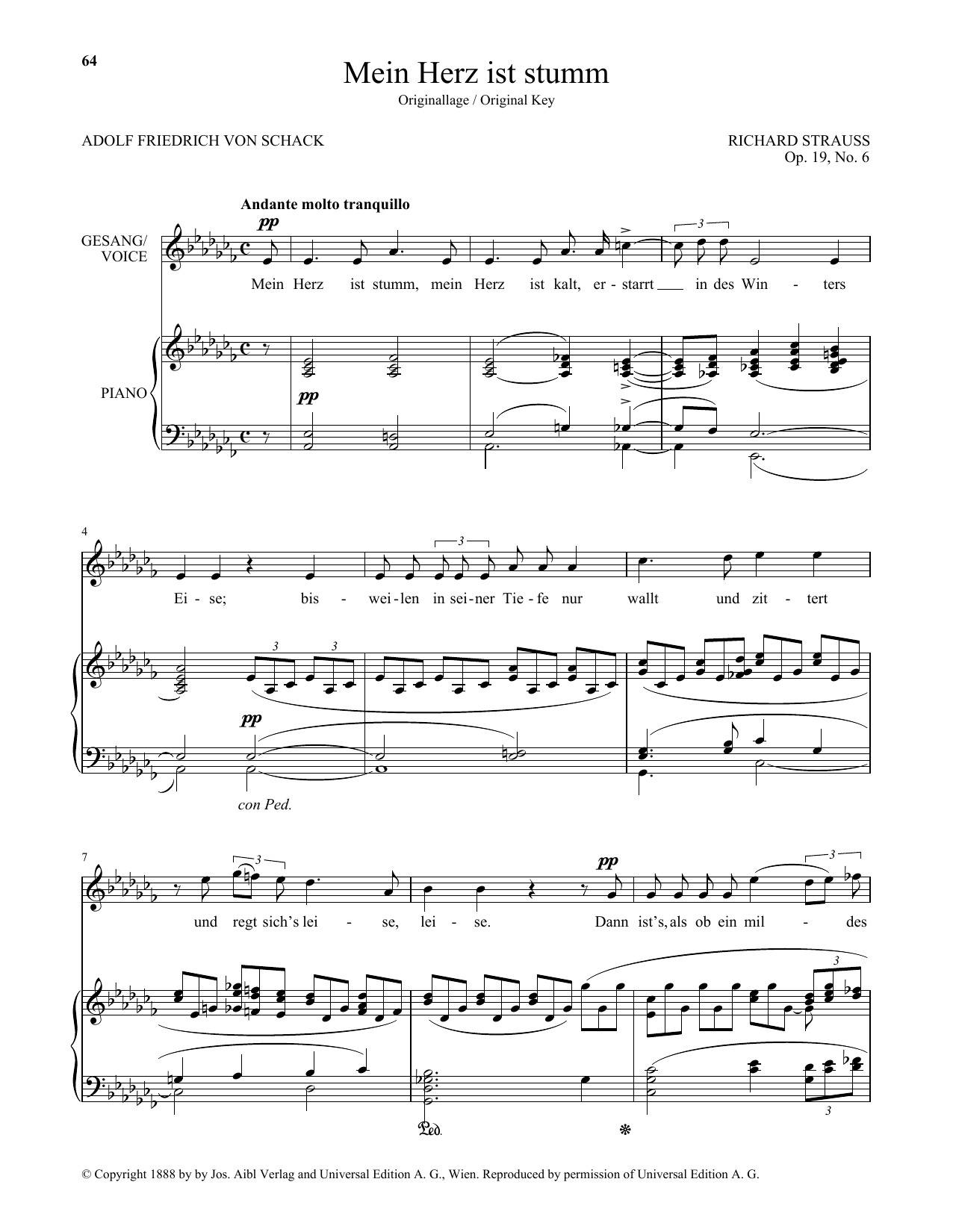Download Richard Strauss Mein Herz Ist Stumm (High Voice) Sheet Music