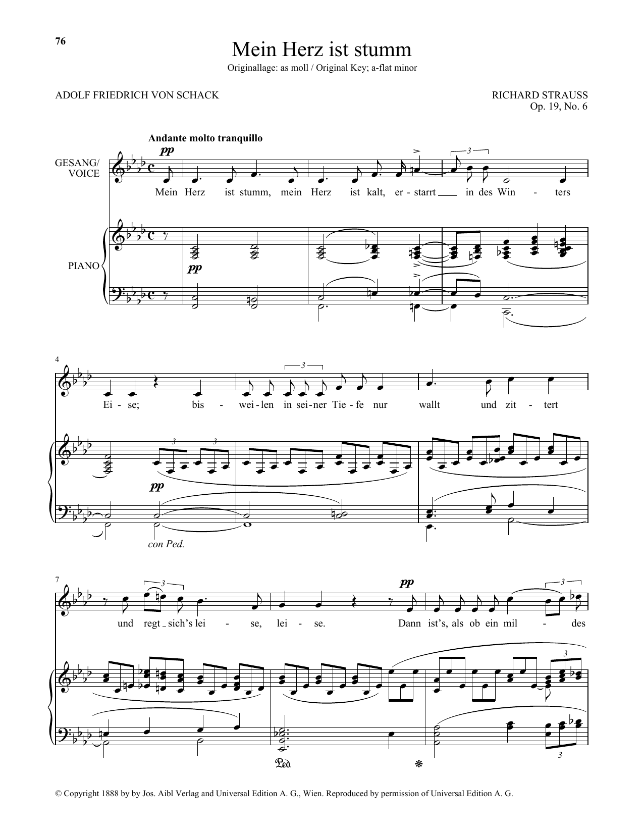Download Richard Strauss Mein Herz Ist Stumm (Low Voice) Sheet Music