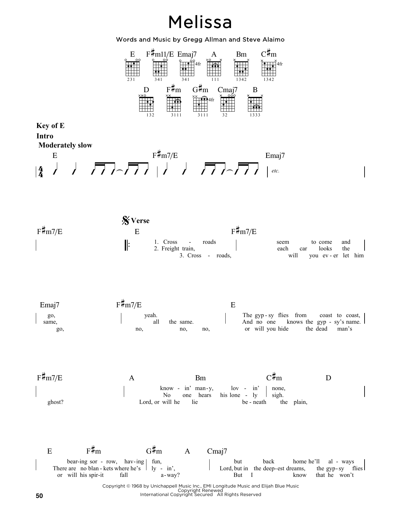 Download The Allman Brothers Band Melissa Sheet Music