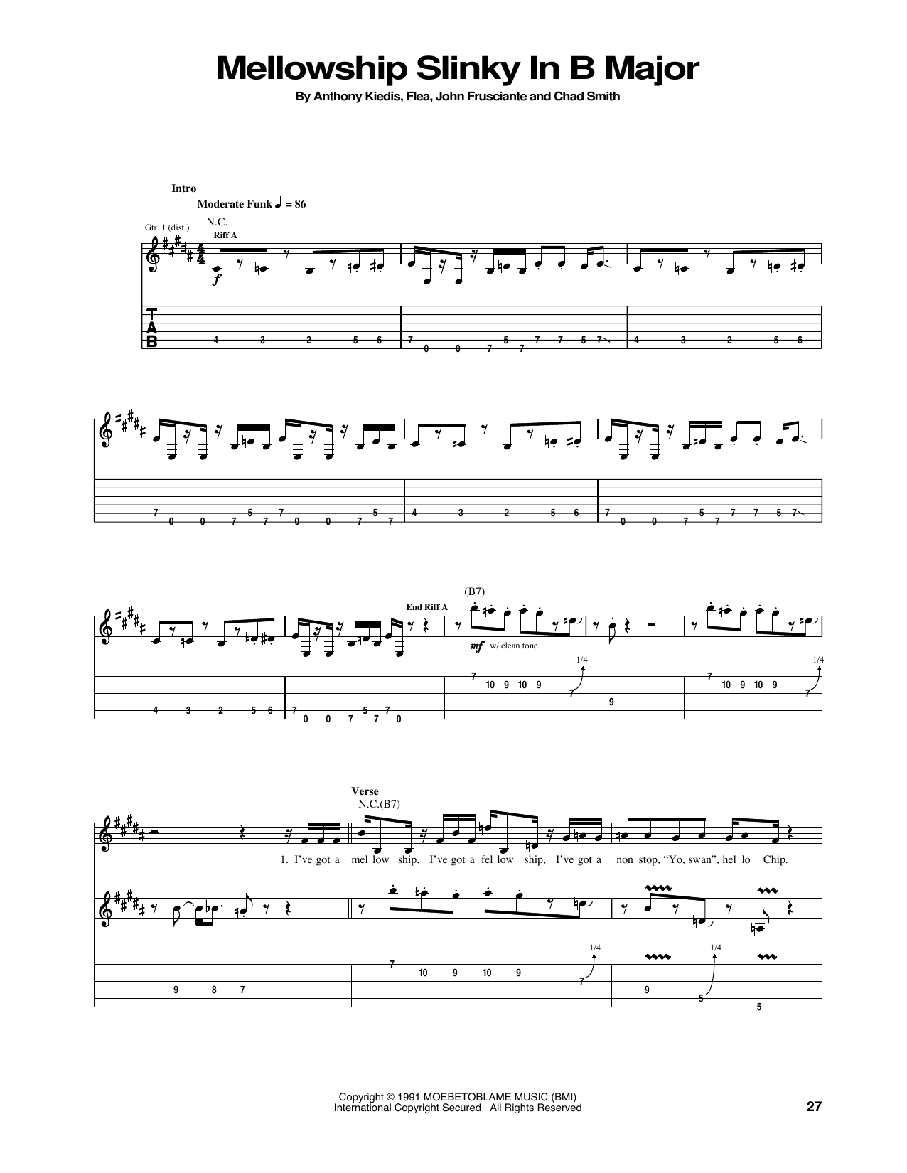 Download Red Hot Chili Peppers Mellowship Slinky In B Major Sheet Music