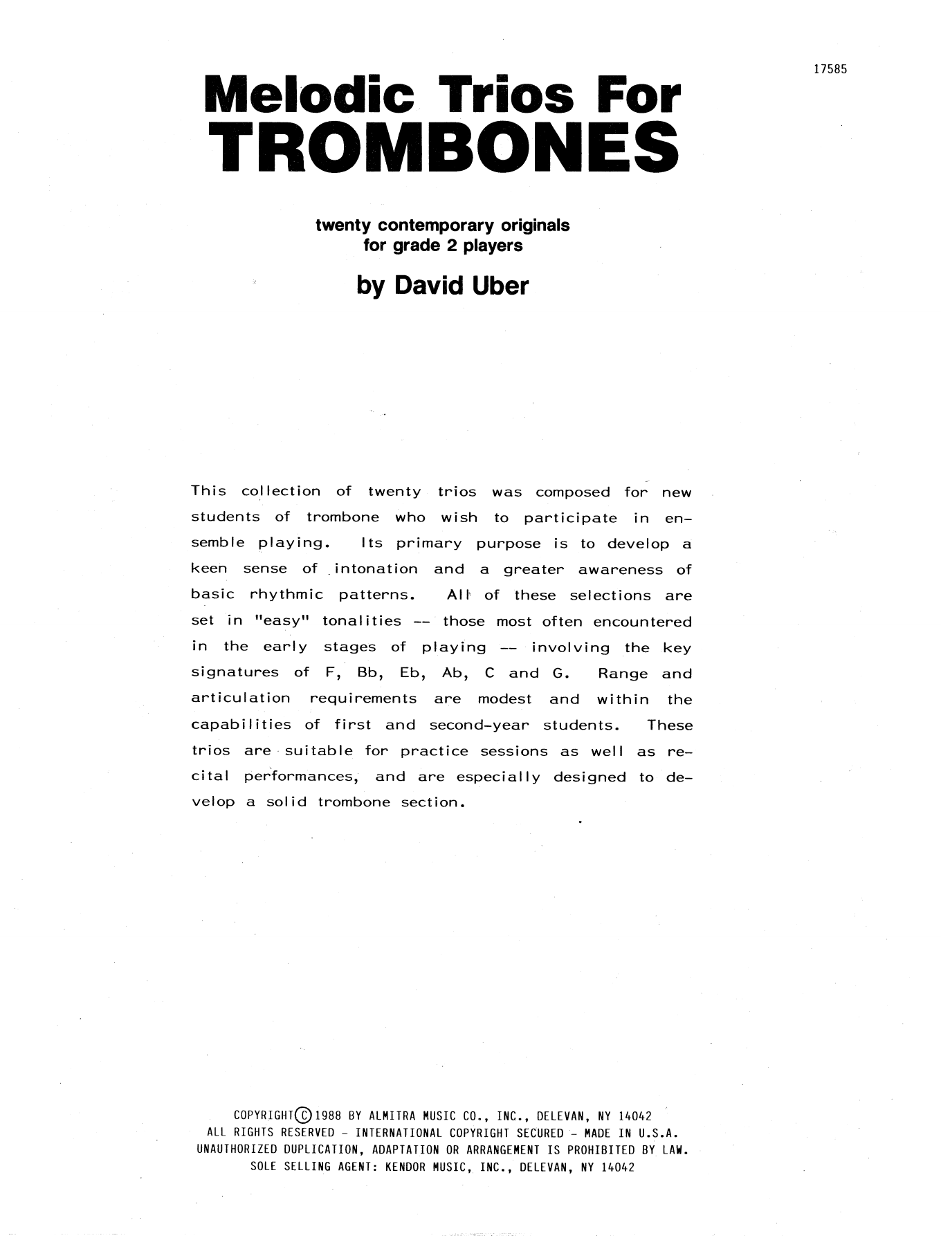Download David Uber Melodic Trios For Trombones Sheet Music