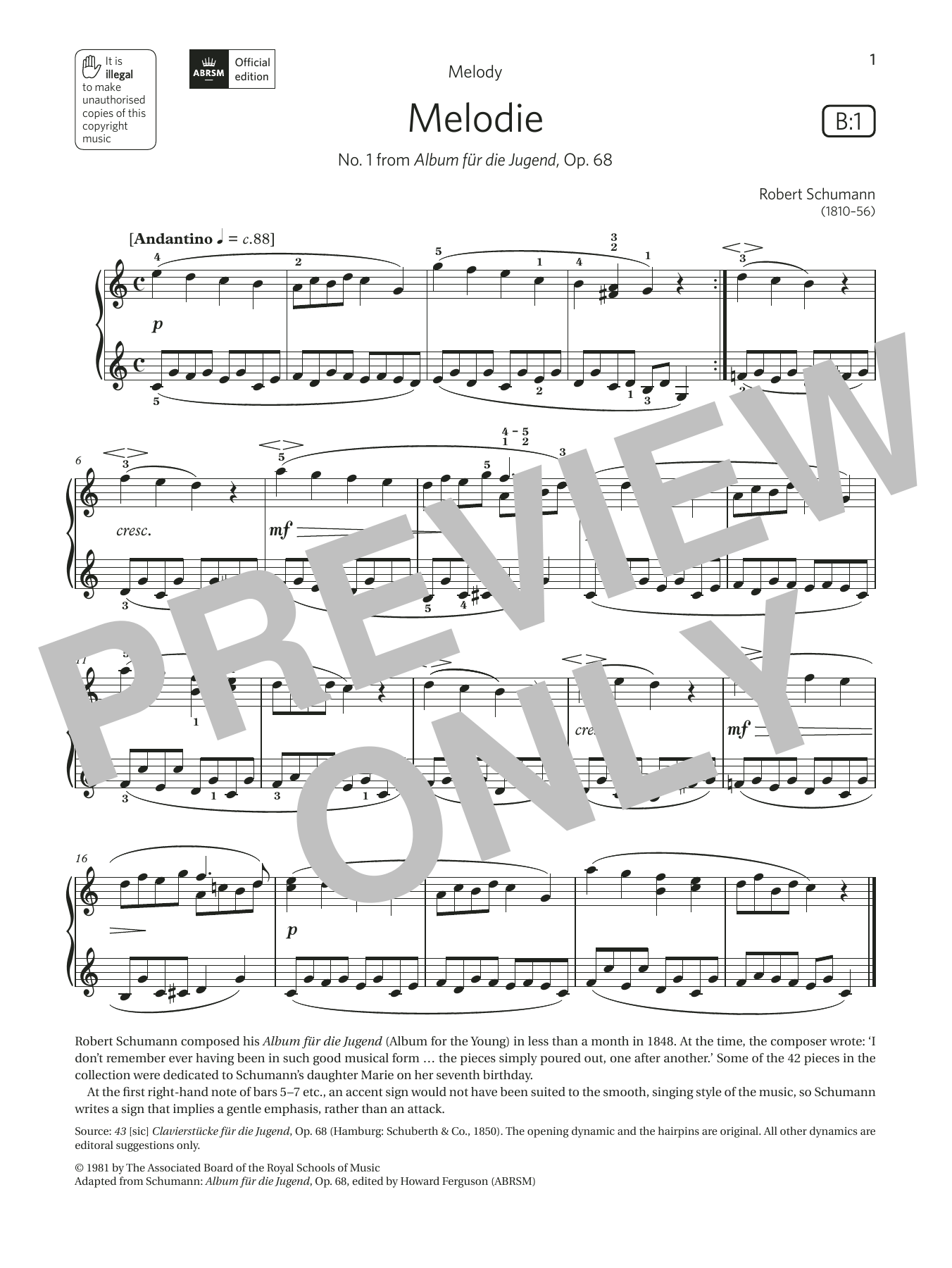 Download Robert Schumann Melodie (Grade 1, list B1, from the ABR Sheet Music