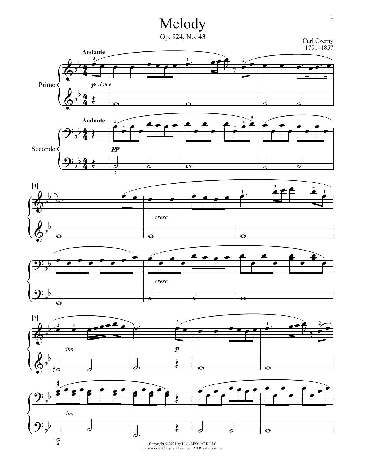 Download Carl Czerny Melody, Op. 824, No. 43 Sheet Music