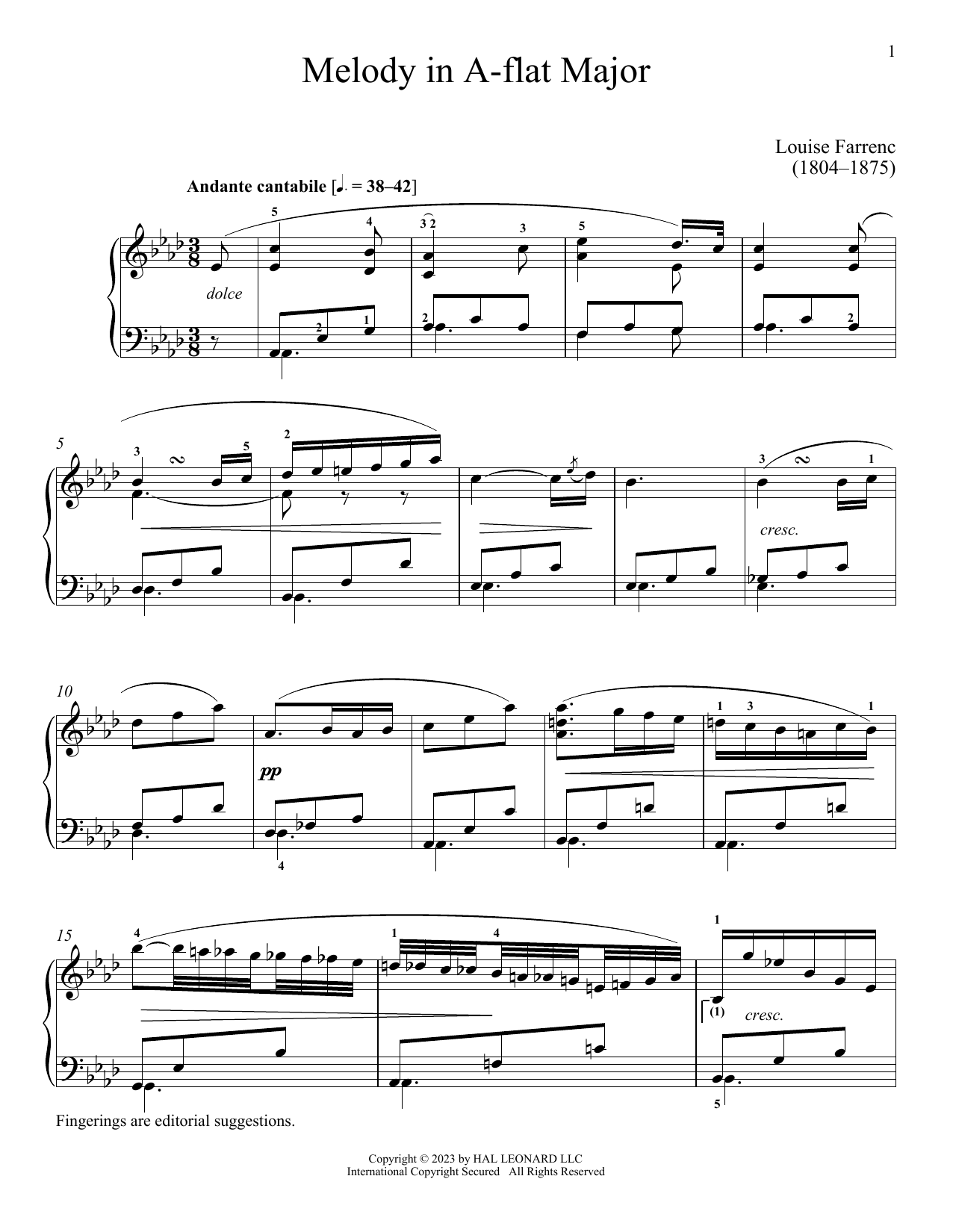 Download Louise Dumont Farrenc Melody in A-flat Major Sheet Music