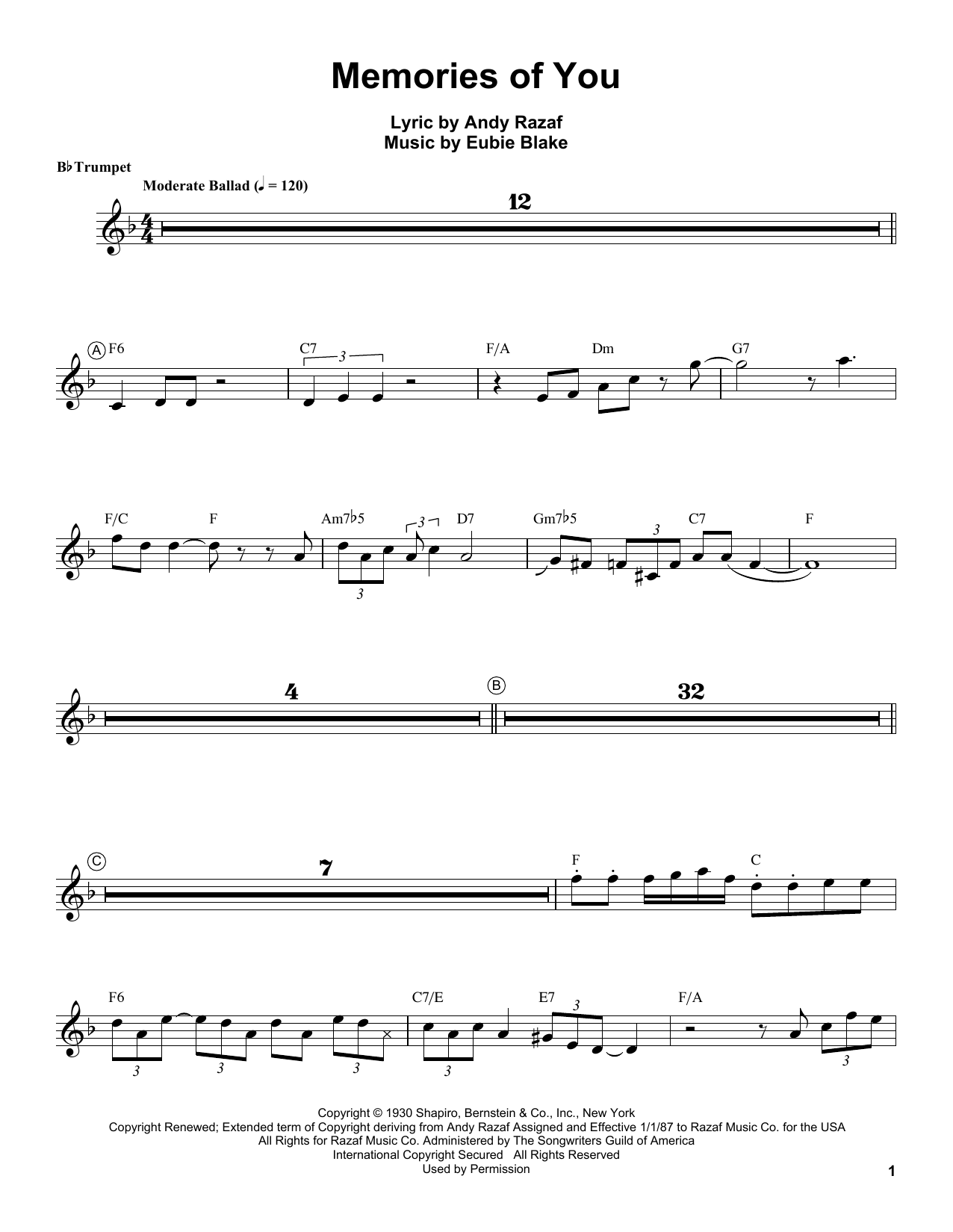 Download Louis Armstrong Memories Of You Sheet Music