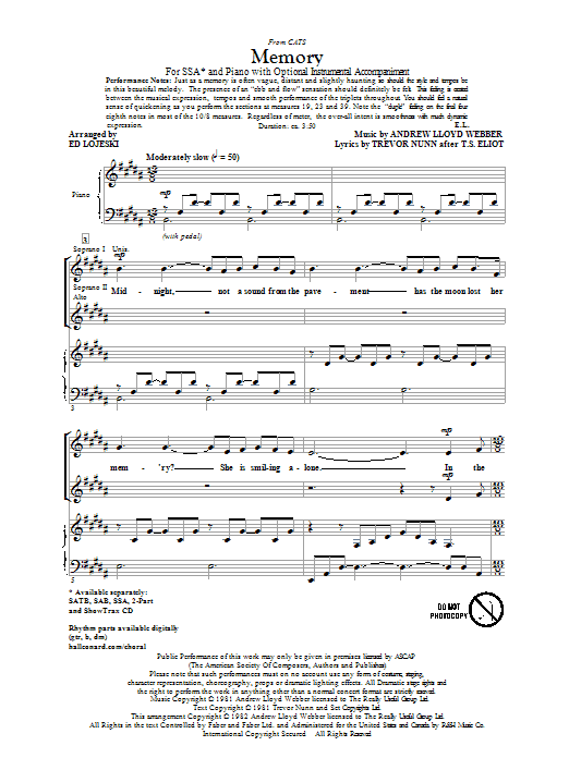 Download Andrew Lloyd Webber Memory (from Cats) (arr. Ed Lojeski) Sheet Music