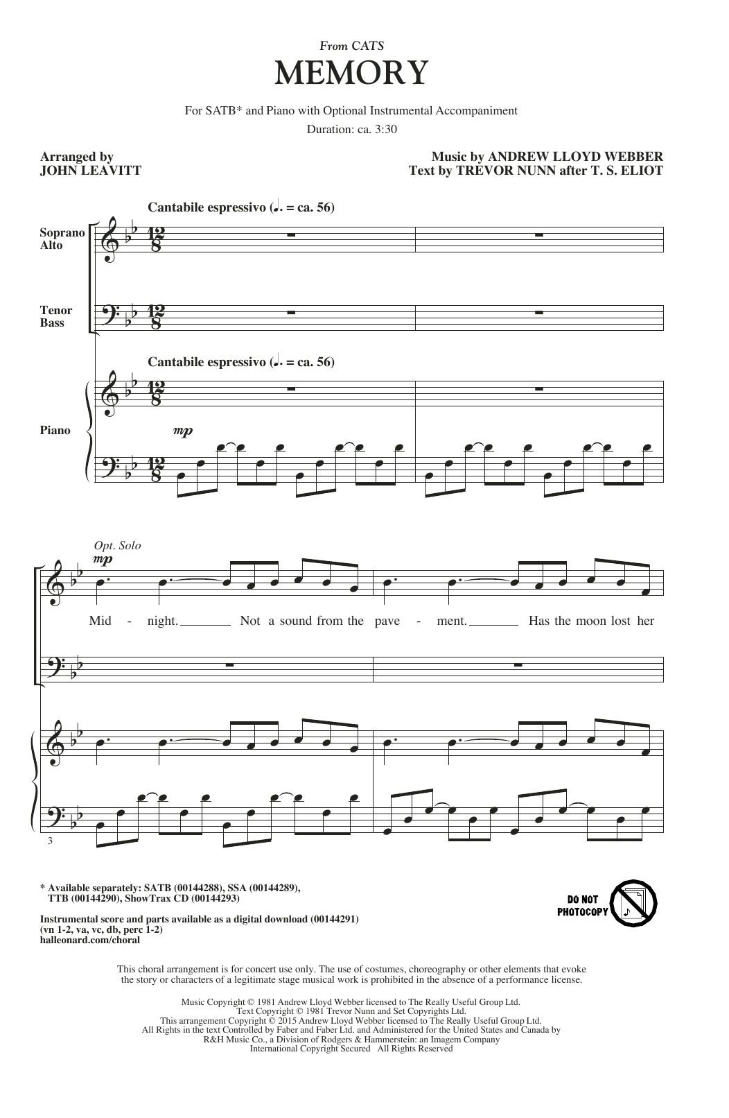 Download Andrew Lloyd Webber Memory (from Cats) (arr. John Leavitt) Sheet Music