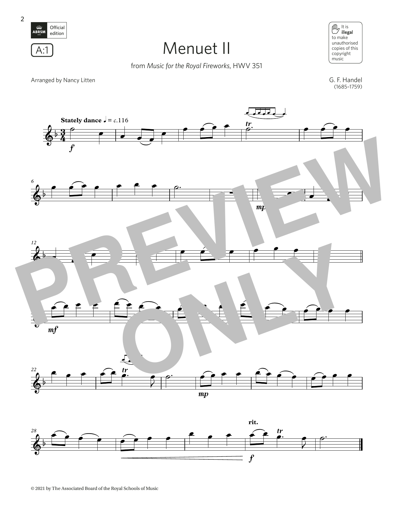 Download George Frideric Handel Menuet II (Music for the Royal Firework Sheet Music
