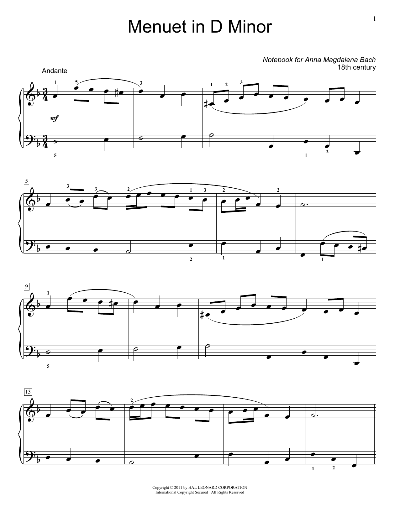 Download Jennifer Linn Menuet In D Minor, BWV App. 132 Sheet Music
