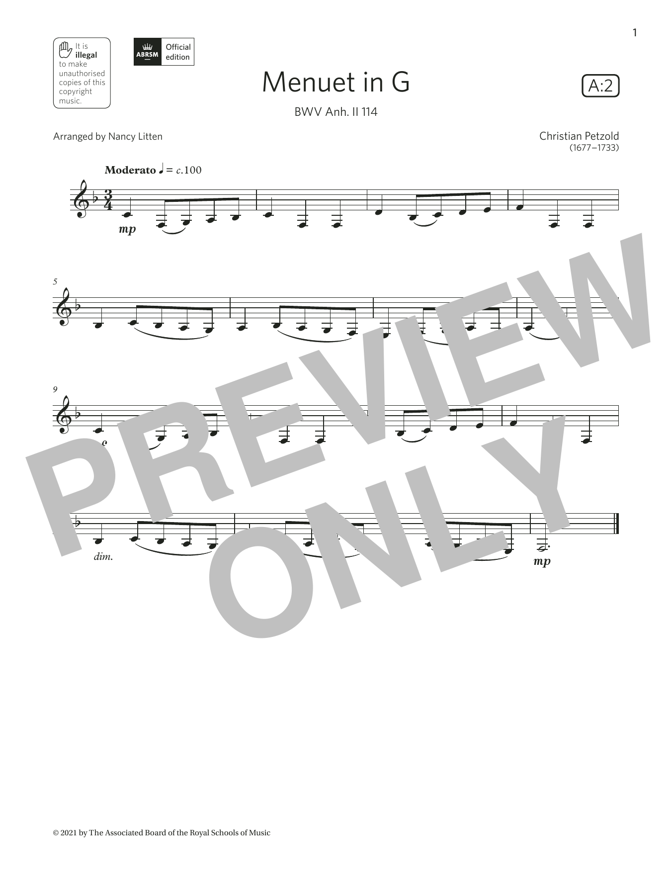 Download Christian Petzold Menuet in G, BWV Anh. II 114 (Grade 1 Sheet Music