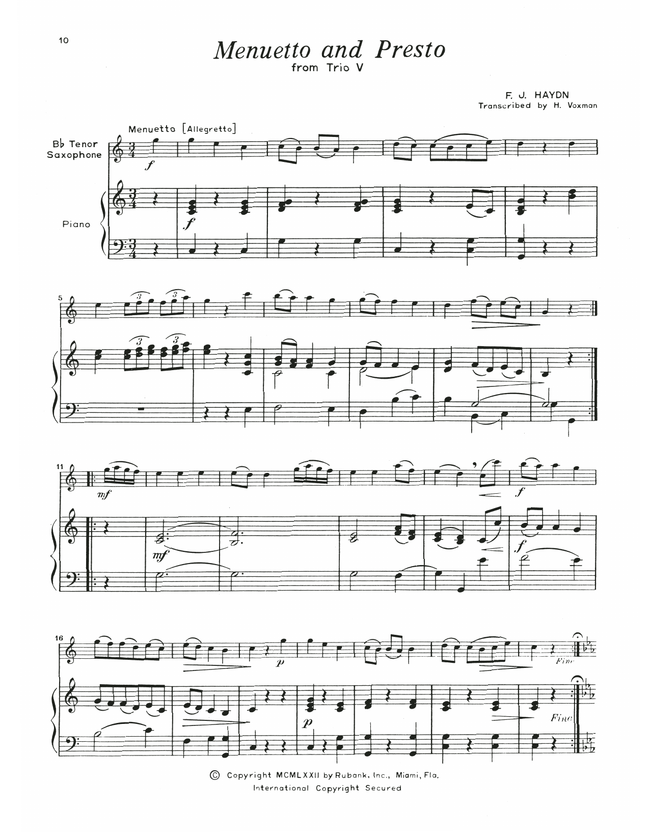 Download Franz Joseph Haydn Menuetto & Presto (Trio V) Sheet Music
