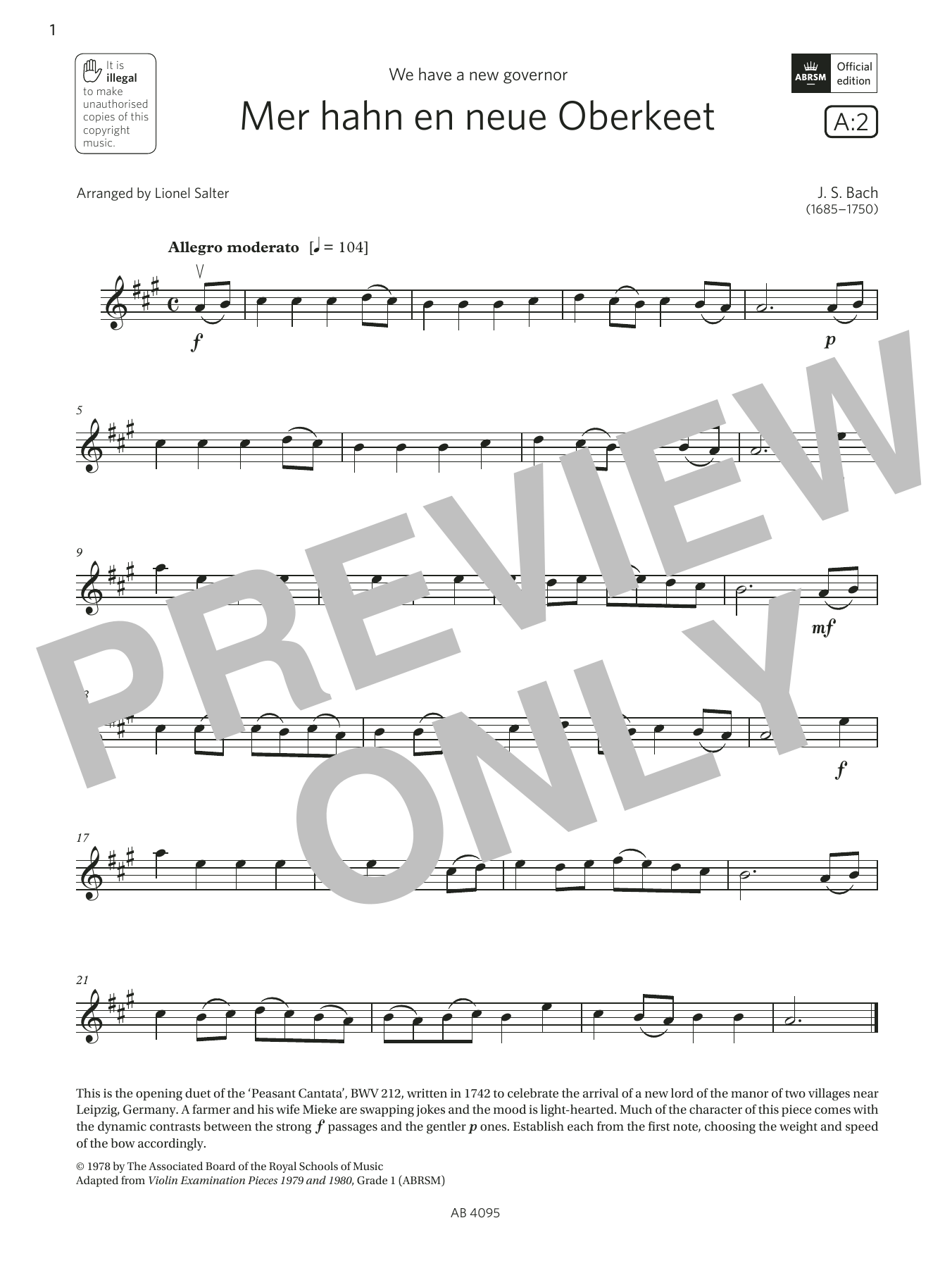 Download J. S. Bach Mer hahn en neue Oberkeet (Grade 1, A2, Sheet Music