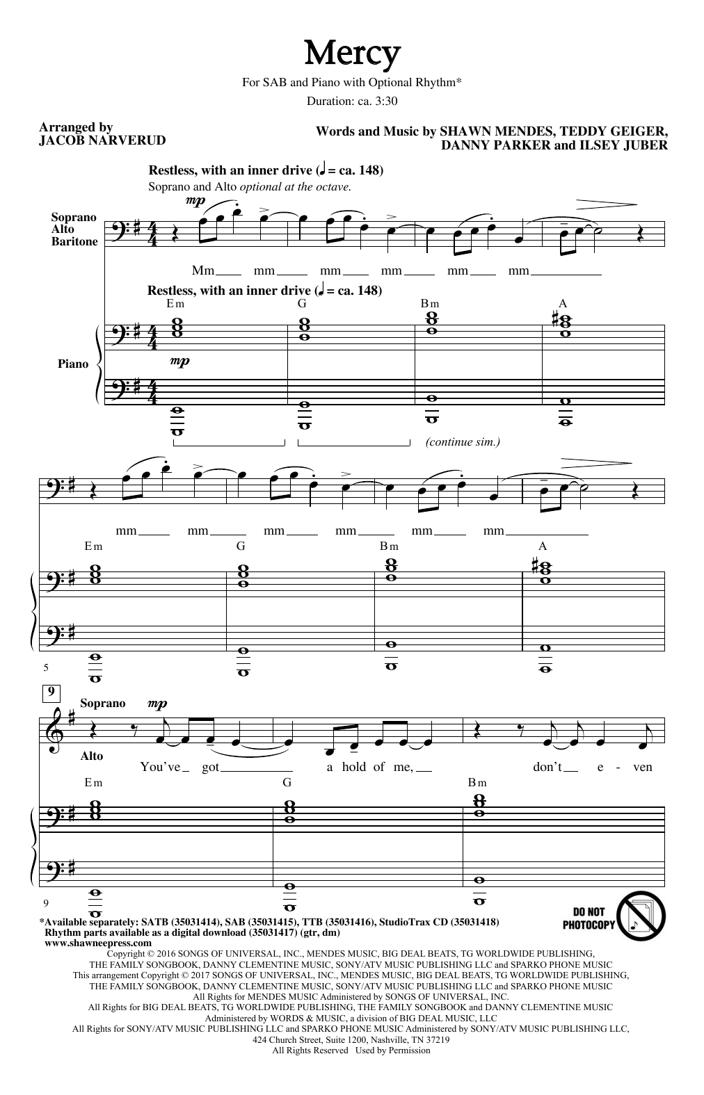 Download Shawn Mendes Mercy (arr. Jacob Narverud) Sheet Music