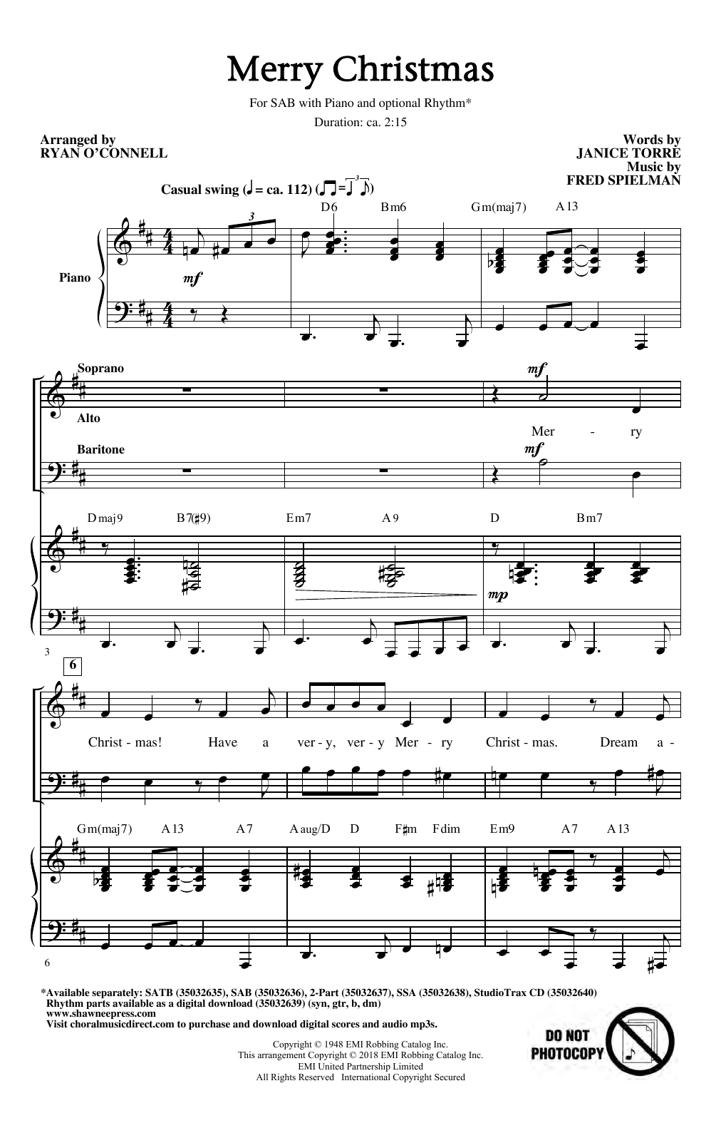 Download Janice Torre & Fred Spielman Merry Christmas (arr. Ryan O'Connell) Sheet Music