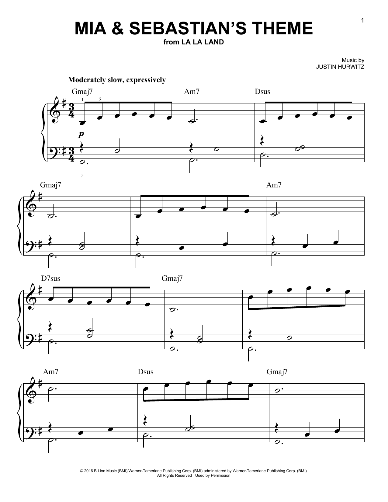 Justin Hurwitz Mia & Sebastian's Theme (from La La Land) sheet music notes printable PDF score