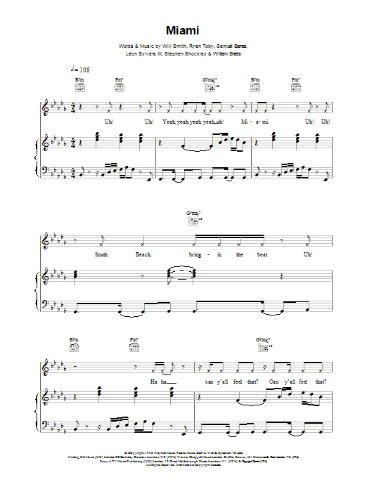 Will Smith Miami sheet music notes printable PDF score
