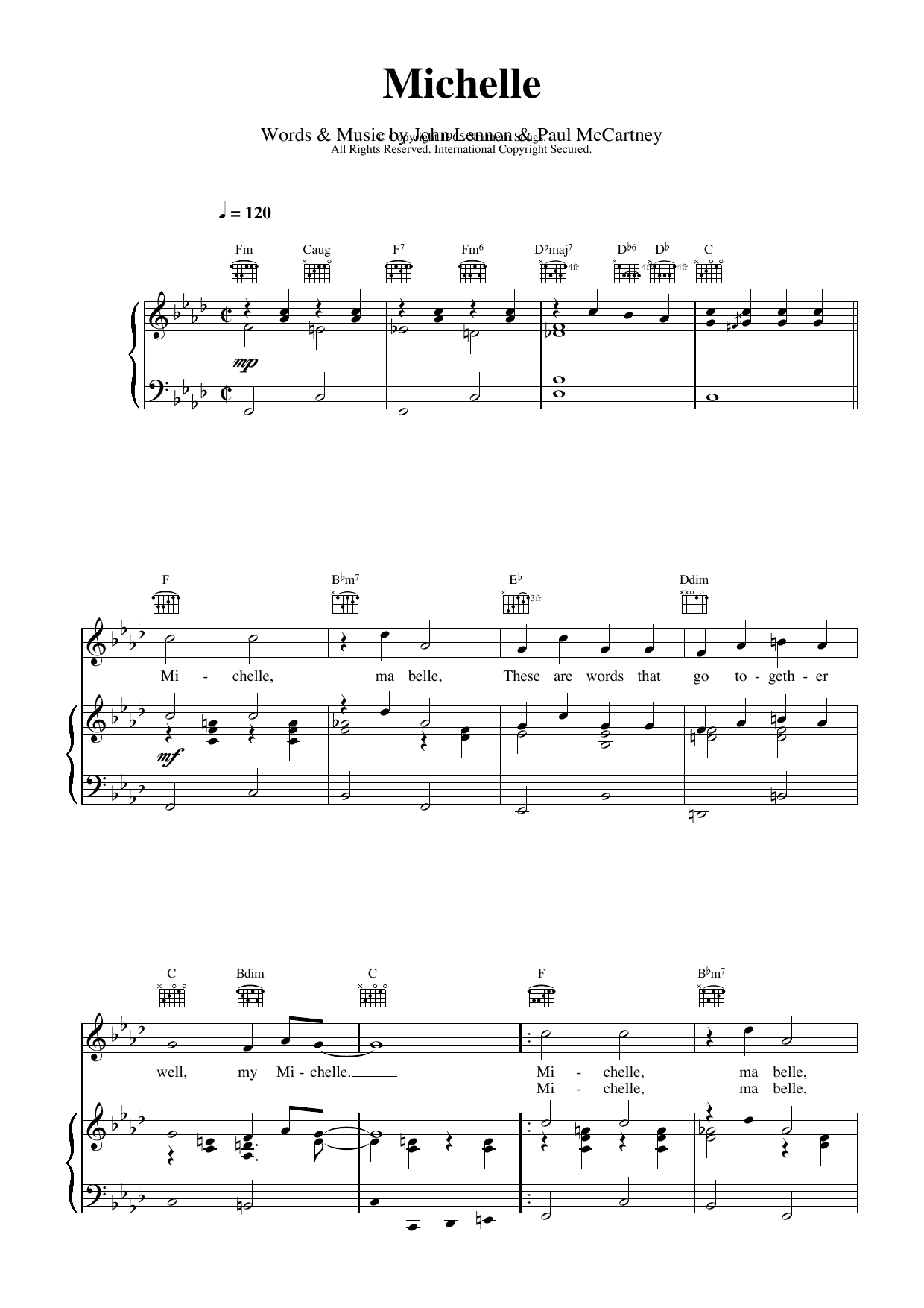 The Beatles Michelle sheet music notes printable PDF score