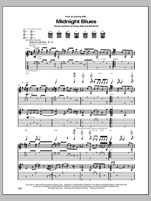 Download Allman Brothers Band Midnight Blues Sheet Music