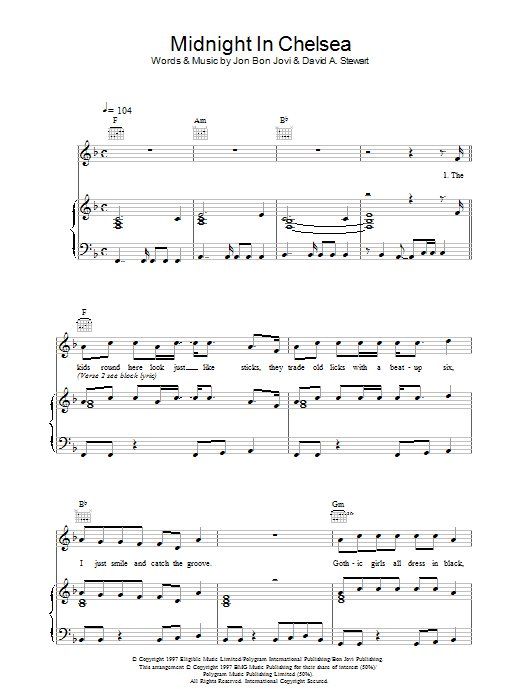 Jon Bon Jovi Midnight In Chelsea sheet music notes printable PDF score